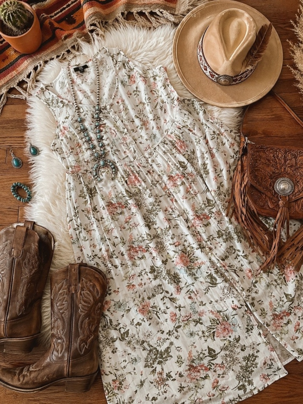 Frye Ivory Maxi Dress with Pink Floral and Olive Green Leaves